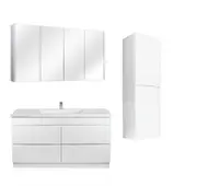 1500mm Matte White Qubist MDF Single Bowl Freestanding With Kickboard Vanity With Ceramic Top With Shaving Cabinet and Tall Boy