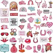 50pcs Western Iron on Patches for Cowgirl, Pink Embroidered Patches Appliques Vintage Embroidery Patches for Hats Jackets Backpacks Clothing