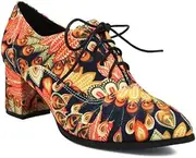 [IKOFLYE] Women's Peacock Print High Chunky Heel Dress Pumps Pointed Toe Work Business Fashion Handmade Oxford Shoes Yellow