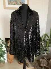 Zara Black Sequin Blouse Shirt Top New Collared Shiny Glitter - Size Small