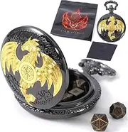 Micro Metal DND Dice Set: Tiny, Mini Dice in a Dragon-Engraved Pocket Watch Case - Portable Dungeons and Dragons (D&D) Accessory for TTRPGs (Dragon Black Gold)