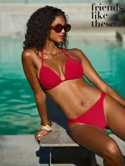 Friends Like These Red Triangle Pleated Triangle Tie Back Bikini Top (AT1220) | $55