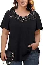 [Plusashion] Women's Plus Size Tops Cold Shoulder Dressy Casual Tunics Blouses Lace Summer Short Sleeve Shirts