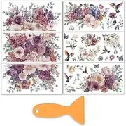 OLYCRAFT 6Pcs/Set Purple Flower Rub on Transfers for Furniture and Craft 12x6 Inch Hummingbird Furniture Decal Transfer Stickers Rub on Decal with 1pc Scraper for Scrapbook Window DIY Home Decoration