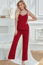 Cozy Chic Plaid Tie-Neck Cami and Lounge Pants Ensemble