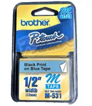 NEW Brother P-Touch M Tape 12 mm 1/2 inch BLACK Print on BLUE Tape M-531 Genuine