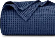 PHF 100% Cotton Waffle Weave Blanket King Size 220 x 240cm, Pre-Washed Lightweight Breathable Throw Blanket for Summer, Oeko-TEX Certified for Bed Couch Sofa, Home Decor, Navy Blue