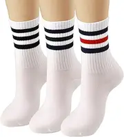 [COTTON DAY] Womens Soft Cotton White Athletic Crew Socks With Retro Stripes