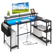 Costway 120cm L Shaped Corner Gaming Desk w/LED Light/Power Outlet Remote Control Storage Computer Desk Black