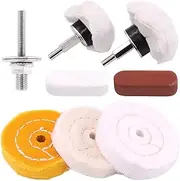 8 Pcs 3'' Buffing Polishing Wheels Set Including Yellow (36 Ply)/White(50 Ply)/ Flannel(30 Ply)/Mushroom Shaped Wheel with 3/8" Arbor Hole, Polish Compound and 1/4’’ Mandrel for Drill