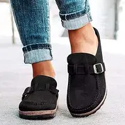 [HHZY] Womens Flat Mule Sandals Summer Clogs Suede Flat Slipper Round Toe Backless Slip on Loafer Shoes Comfy Fashion Home Office Boat Shoes,Black,US10/EU41