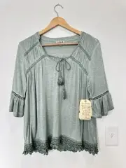 One World Womens Medium Green V-Neck 3/4 Sleeve Rayon Tie Top Blouse