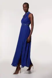 Petite Halter Diamante Enamel Trim Woven Pleated Split Maxi Dress
