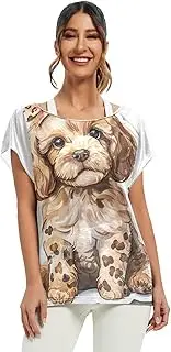 [RPLIFE] Cute Poodle Puppy Leopard Print Womens Summer Tops Off Shoulder Loose Top, Woman's Night Out Shirt