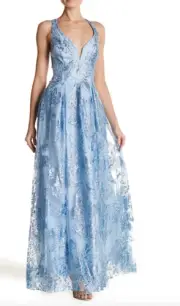 Marina V2505 Womens Blue Glitter Plunge Neck Crossback Cinderella Dress Size 10