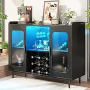 iSunirm Bar Cabinet with LED Light and Glass Holder, Home Coffee Bar Cabinet, Buffet Sideboard with Storage Shelf for Kitchen, Dining Room, Black