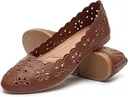 [FRACORA] Women's Ballet Flats Black PU Leather Dress Shoes Comfortable Round Toe Slip on Flats with Breathable Eyelets