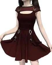 [XKBHYD] Steampunk Dress Women Gothic Short Sleeves Hollow Patchwork Mini Dress Halloween Party Dress with Staps Decoration