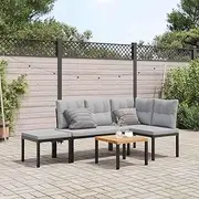 Garden Bench Set with Cushions 4 pcs - Black Powder-Coated Steel Outdoor Furniture Set, Patio Lounge with Table and Adjustable Stool - Durable, Comfortable, Perfect for Garden, Balcony