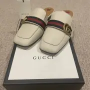 Gucci Women Auth US 38.5 EU Ivory Leather Web GG Mules /Slipper Flats Shoes Bag