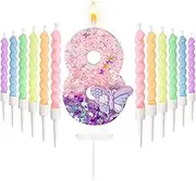 HXOUSE Number 8 Birthday Candles with Purple Butterfly & 12Pcs Rainbow Macaron Spiral Candles for Girls - Pink Sequins Birthday Candles for Cake, 8 Candle Party Decorations