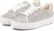 [Suokdil] Sparkle Rhinestone Sneakers for Women Bling Sneakers Rhinestone Sneakers White Shoe Glitter Fashion Bedazzled Platform Tennis Shoes Bride Sequin Wedding and Party Trendy Shoe