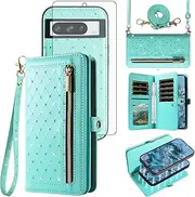 [Asuwish] Phone Case for Google Pixel 8 Pro 5G Zipper Wallet Detachable Magnetic Cell Cover with Screen Protector Crossbody Strap Bling Flip Credit Card Holder Pixel8Pro Pixel8 XL Eight 8Pro Women Teal