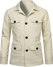 [aromm] Men's Linen Coat Buttons Waist Drawstring Lightweight Casual Blazer Jacket with Pockets
