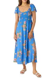 O'Neill Larissa Floral Smocked Midi Dress in Regatta at Nordstrom, Size Medium