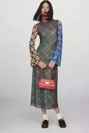 Anthropologie CeliaB Ixora Mesh Midi Slip Dress Bell Sleeve Size L NWT Plaid