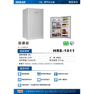 【福利品】HERAN禾聯 95L 4級定頻單門小冰箱 HRE-1011