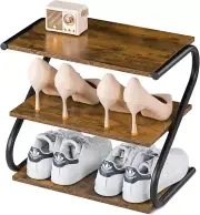 Small 3-Tier Shoe Rack, Z-Frame Wooden Shoe Shelf with Durable Metal Shelves for