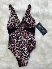MIRACLESUIT Twist of Fate 1 PC V Neck Mesh Cut Out Leopard Swimsuit Sz 12 NWT