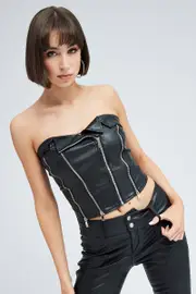 Black Top Sleeveless Strapless Biker Zip Faux Leather - Size 16, Women's Crop Top