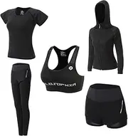 [Hbbgdiy] Womens Workout Set,5PCS Workout Set Women,Sportwear Tracksuits Quick-Drying Outfit for Running Dark Grey, Dark Grey, Large