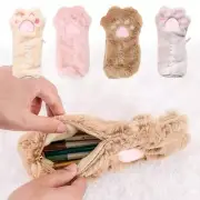 Cat Paw Pencil Bag Soft Plush Kawaii Makeup Pouch Large Capacity Case Pen Holde+