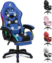 ALFORDSON Gaming Office Chair with 12 RGB LED Lights & 8 Point Massage, Racing Computer Chair with Lumbar Support & Retractable Footrest, Ergonomic Desk Chair with PU Leather Seat Office Gamer (Blue)