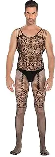[Czizitong] Sleeveless tank top jacquard jumpsuit mesh sexy open men's mesh jumpsuit Sexy Bodystocking Black, Black, One size