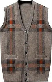 [Generic] Men Sweater Vest Plaid Button Up Fall Cardigan V Neck Sleeveless Knit Jumpers Tops Loose Sweaters