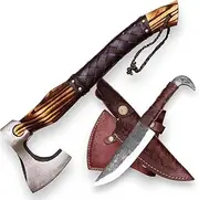 Viking Axe Handmade 2 in 1 Axe and Raven Head Knife. 48 cm Ash Wood Handle. 1095 Carbon Steel Sharp Blade with Leather Sheath (Brown Axe-5-KF-1)