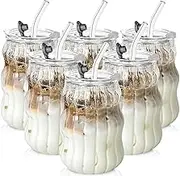 KEMORELA 6PCS Vintage Ribbed Glass Cups – 18oz Wavy Design with Lids & Straws, Clear Bubble Aesthetic for Iced Coffee & Drinks