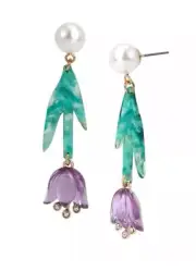 Betsey Johnson Gold Tone Upside Down Tulip Drop Earrings Crystal & Faux Pearl