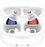 Hearing Aids (Not Amplifiers), Wireless Hearing Aids Rechargeable for Seniors with 16-Channel Sound Processing, Nearly Invisible OTC Hearing Aid with Premium Comfort Design (Red-Blue)