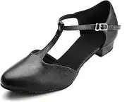 [Dress First] Flats Dance Shoes Women Low Heel Genuine Leather Pumps T-Strap Latin Ballroom Salsa Shoes,1"