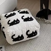 Black Cat Stuffed Ottoman Pouf - Boho High Support Square Fluffy Floor Cushion with Removable Cover Soft Furry Seat Pouf for Living Room Bedroom Relaxation Foot Rest (White)