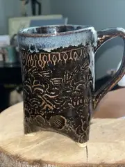 Studio Art Pottery Mug Blue/ Brown 3 Footed Design 5.75" Tall Heavy Signed TK