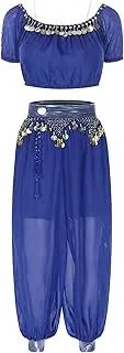 [TiaoBug] Womens Belly Dance Outfit Chiffon Puff Short Sleeves Crop Top and Lantern Coin Pants Bollywood Dance Suit