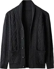 [Qolkmuiy-GJ] Men's Trendy Casual Cardigan Sweaters Buttons Down Cable Knit Cardigan Shawl Collar Sweaters with Pockets