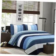 Navy Blue Striped Boy 100% Cotton Reversible Quilt Queen Preston Stripe