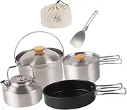 Oshhni Camping Cookware Stainless Steel Pot Frying Pan Kettle Cookset with Storage Bag Camping Cooking Set for Kitchen Picnic Dinner